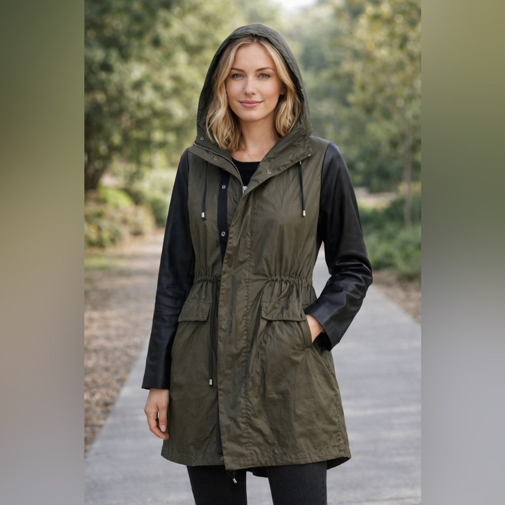 Zara hooded Coat with faux leather sleeves